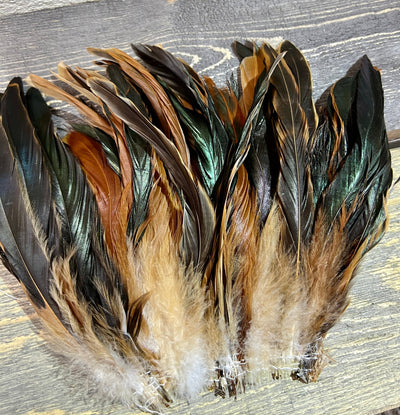 Half Bronze Rooster Coque Tail Strung 7-10-inch Saddle Hackle, Hen Hackle, Asst. Feathers