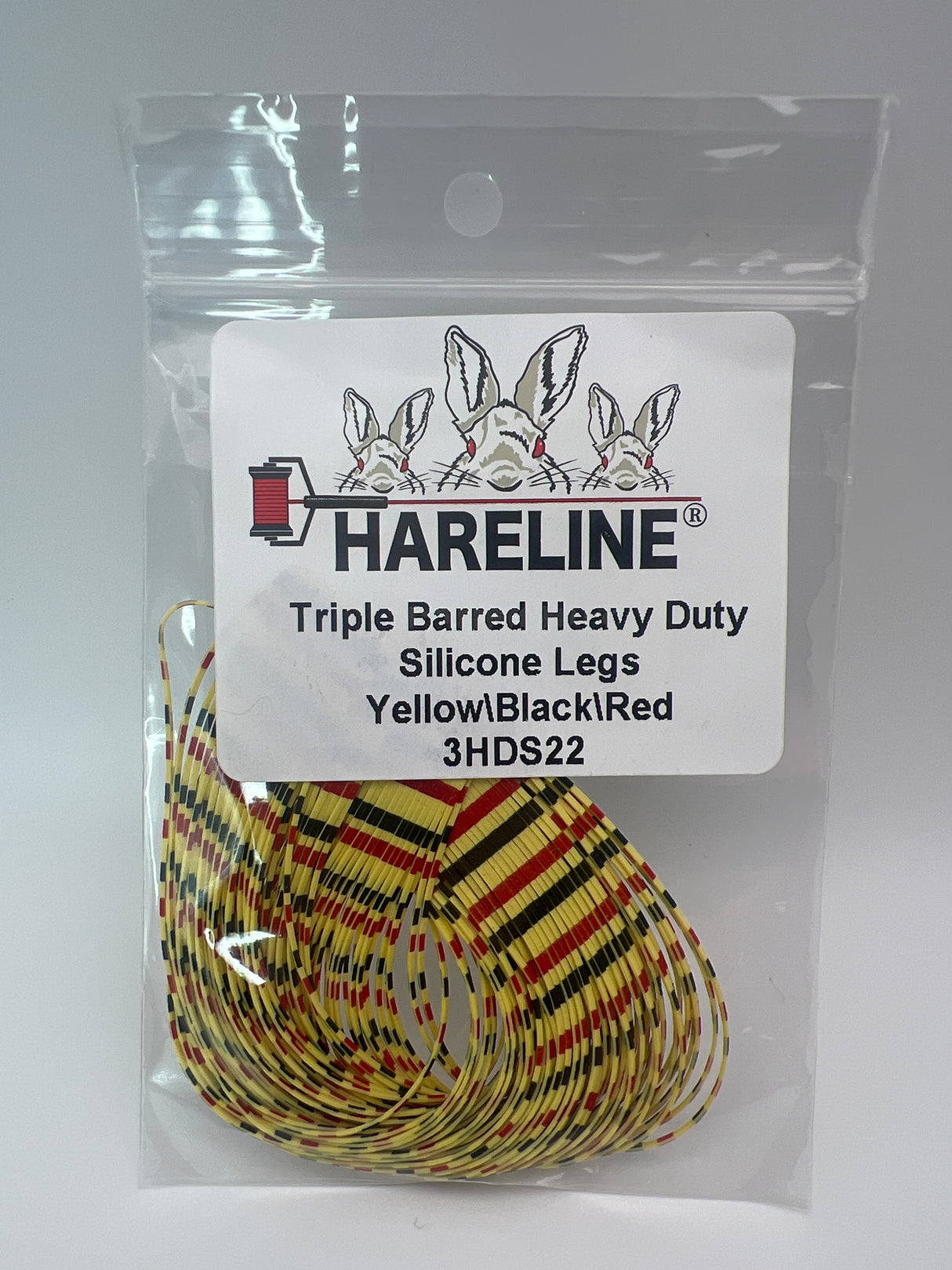 Hareline Triple Barred Heavy Duty Silicone Legs #22 Yellow\Black\Red Rubber Legs