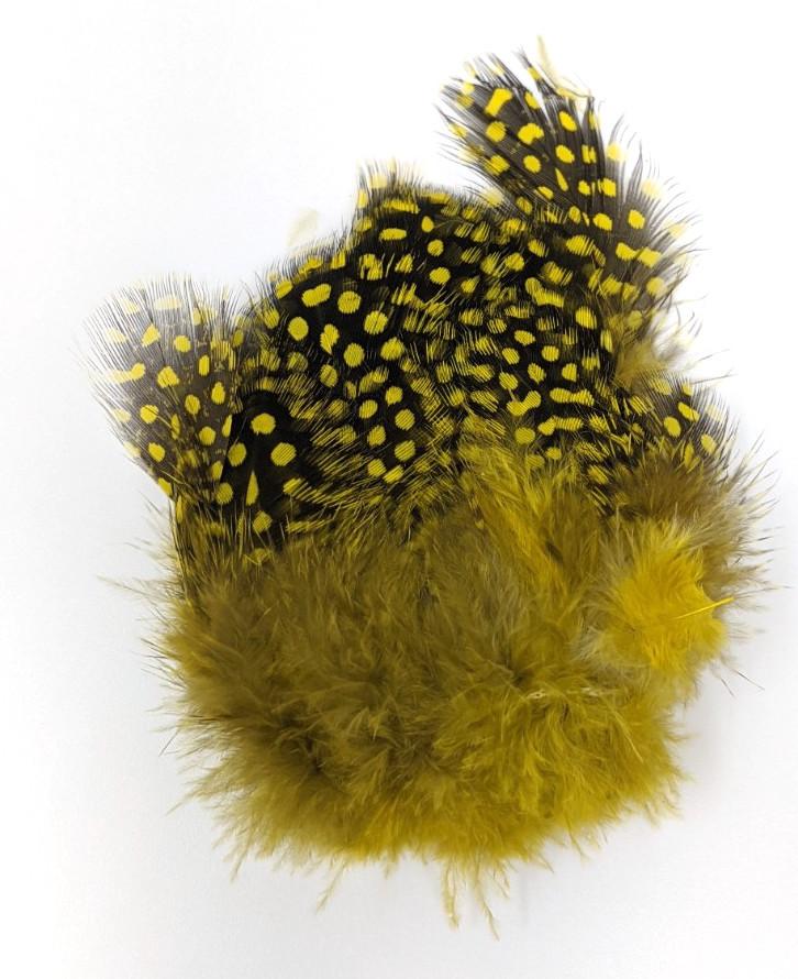 Fish Hunter Large Dot Guinea Yellow Olive Saddle Hackle, Hen Hackle, Asst. Feathers