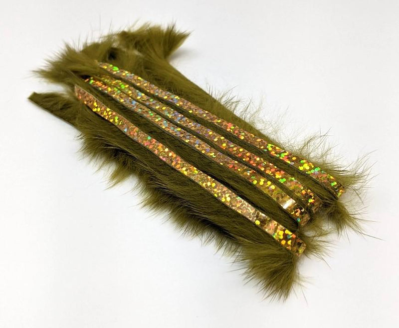 Hareline Bling Rabbit Strips Olive with Holo Gold Accent 