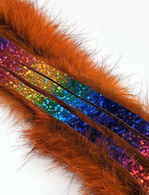 Hareline Magnum Bling Rabbit Strips Crawfish Orange with Holo Rainbow Accent Hair, Fur