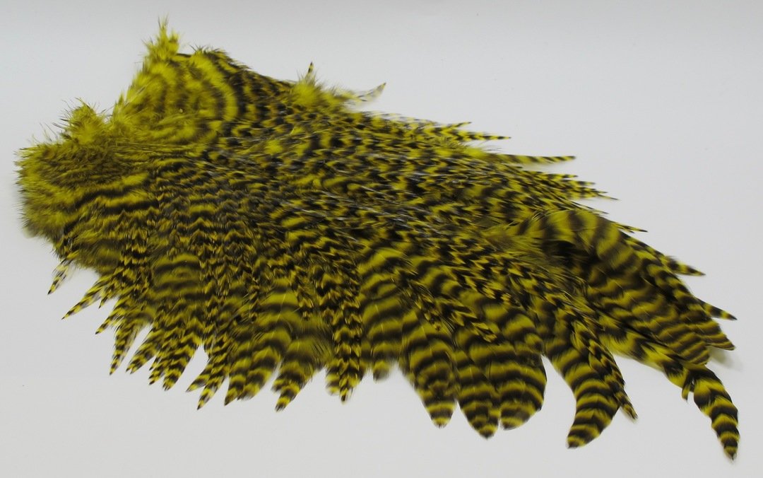Whiting 4 B Rooster Saddle Fl. Yellow Chart Saddle Hackle, Hen Hackle, Asst. Feathers