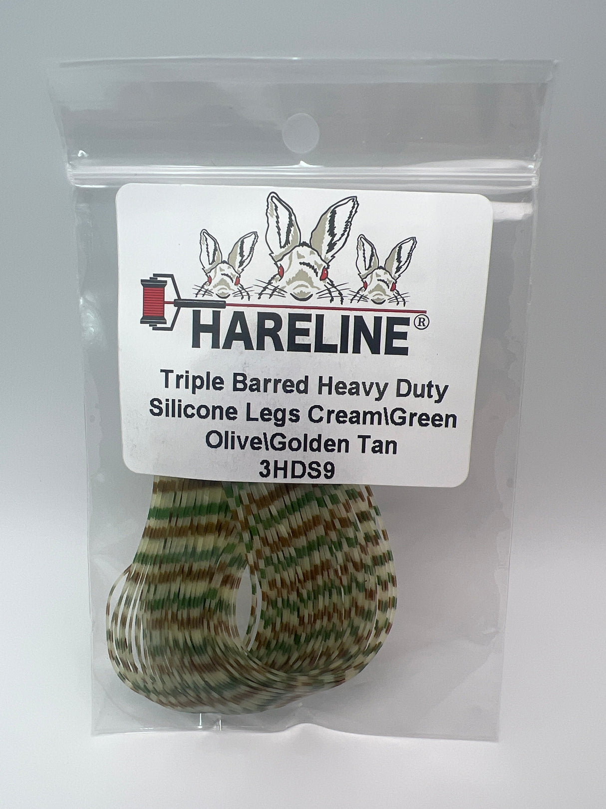Hareline Triple Barred Heavy Duty Silicone Legs #9 Cream\Green Olive\Golden Tan Rubber Legs