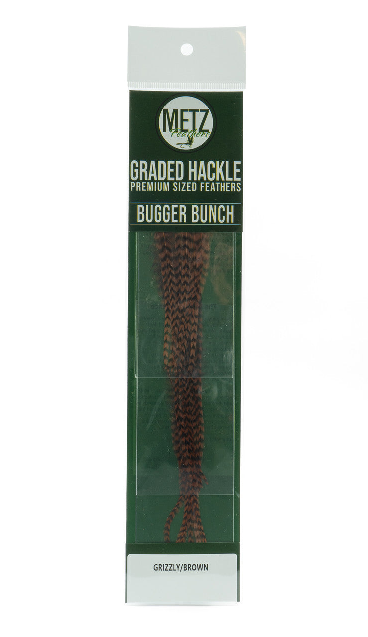 Metz Hackle Bugger Bunch 3 Pack Grizzly dyed Brown Saddle Hackle, Hen Hackle, Asst. Feathers