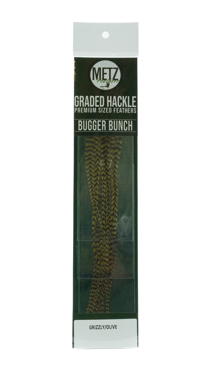 Metz Hackle Bugger Bunch 3 Pack Grizzly Dyed Olive Saddle Hackle, Hen Hackle, Asst. Feathers