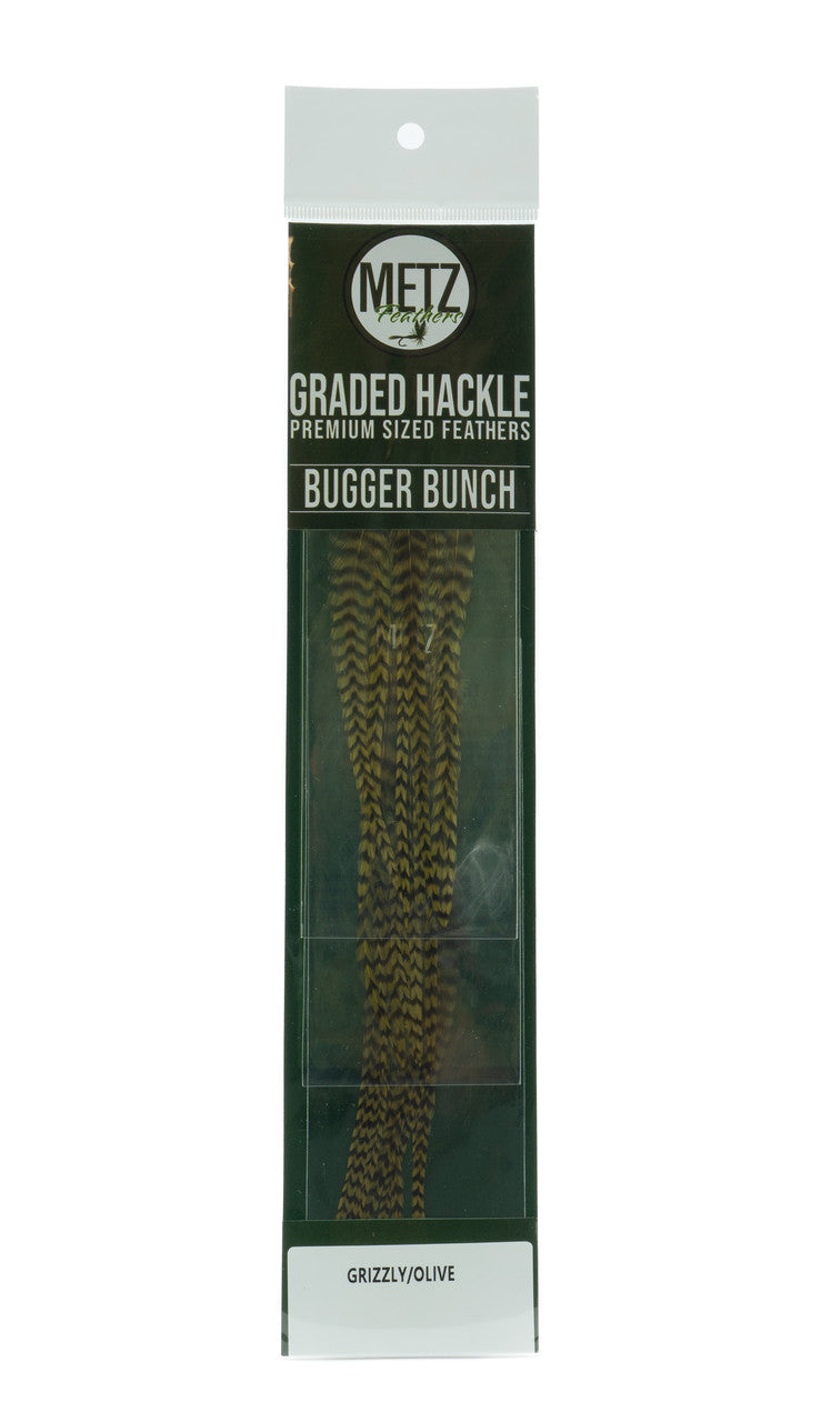 Metz Hackle Bugger Bunch 3 Pack Grizzly Dyed Olive Saddle Hackle, Hen Hackle, Asst. Feathers
