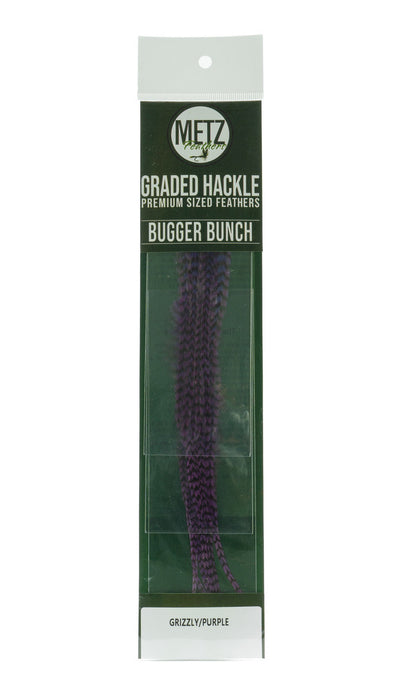 Metz Hackle Bugger Bunch 3 Pack Grizzly dyed Purple Saddle Hackle, Hen Hackle, Asst. Feathers