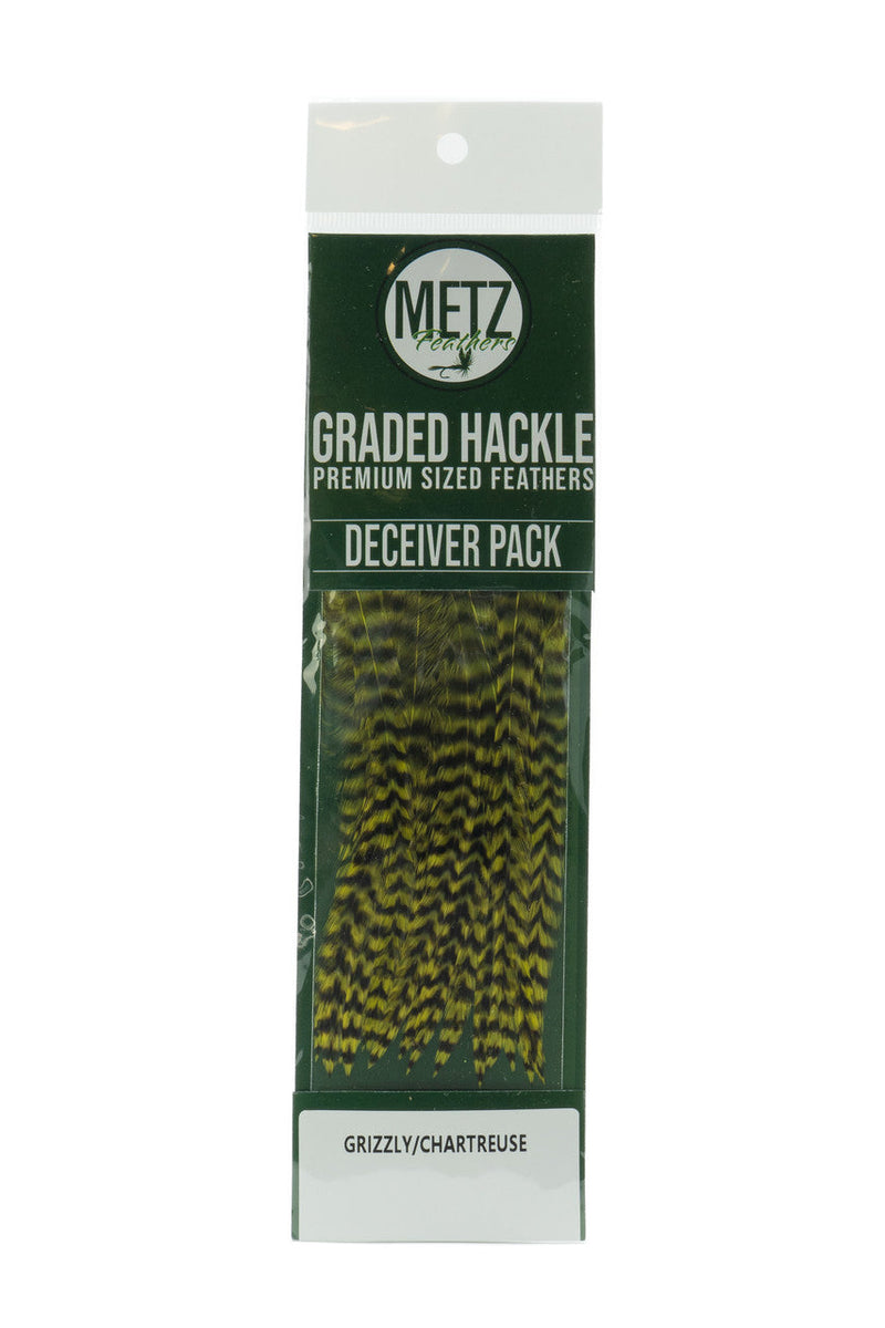 Metz Hackle Deceiver Streamer Pack Grizzly dyed Chartreuse Saddle Hackle, Hen Hackle, Asst. Feathers