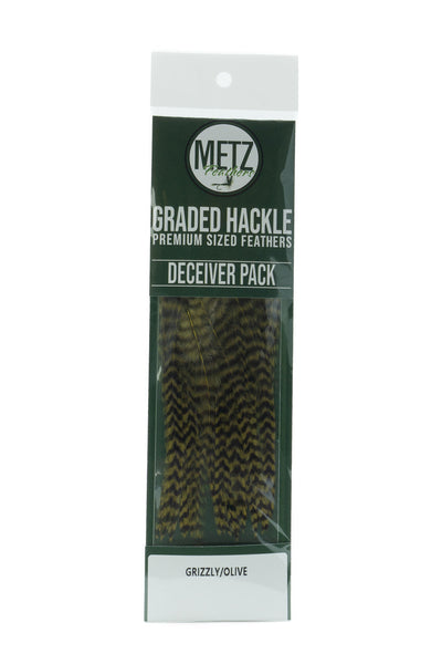 Metz Hackle Deceiver Streamer Pack Grizzly dyed Olive Saddle Hackle, Hen Hackle, Asst. Feathers