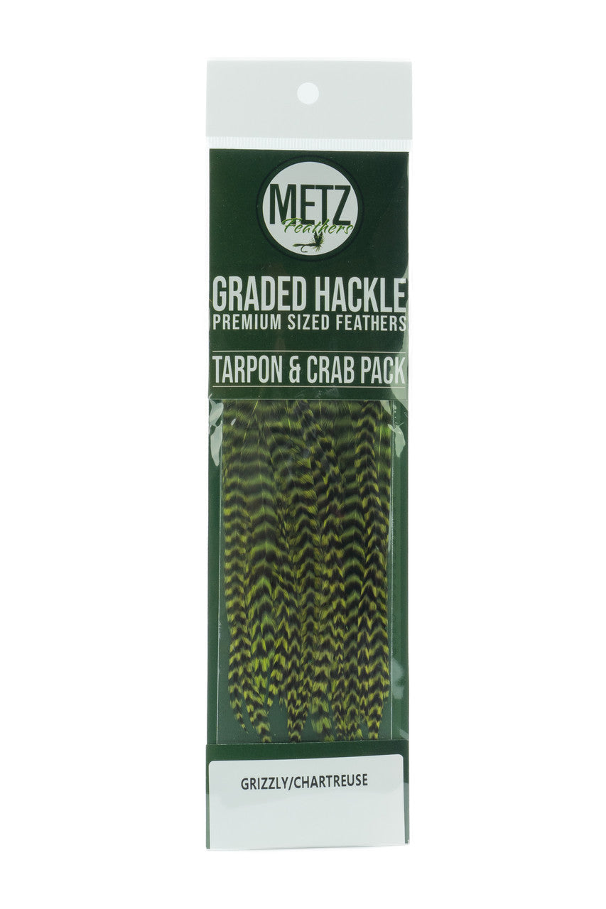 Metz Tarpon Crab Hackle Pack Grizzly dyed Chartreuse Saddle Hackle, Hen Hackle, Asst. Feathers