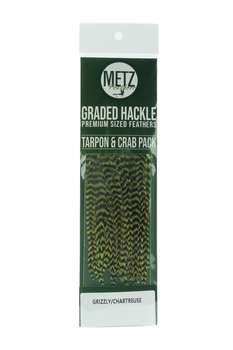 Metz Tarpon Crab Hackle Pack Grizzly dyed Chartreuse Saddle Hackle, Hen Hackle, Asst. Feathers
