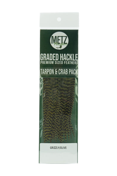 Metz Tarpon Crab Hackle Pack Grizzly dyed Olive Saddle Hackle, Hen Hackle, Asst. Feathers