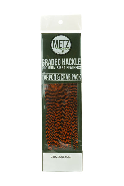 Metz Tarpon Crab Hackle Pack Grizzly dyed Orange Saddle Hackle, Hen Hackle, Asst. Feathers