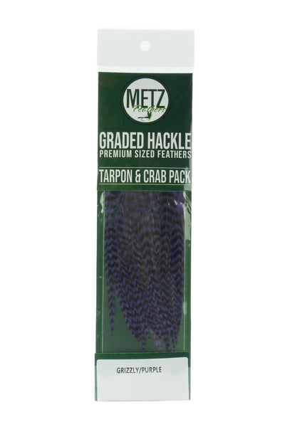 Metz Tarpon Crab Hackle Pack Grizzly dyed Purple Saddle Hackle, Hen Hackle, Asst. Feathers