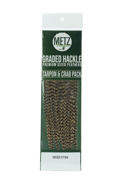 Metz Tarpon Crab Hackle Pack Grizzly dyed Tan Saddle Hackle, Hen Hackle, Asst. Feathers