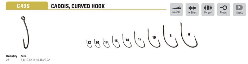 Mustad Caddis Hook Curved 1X Short Forged Straight TitanX 25 Pack Hooks