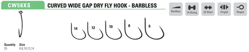 Mustad Curved Wide Gap Dry Fly Hook 1X Strong 2X Short Barbless Forged Straight TitanX 25 Pack Hooks