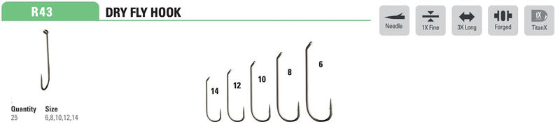 Mustad Dry Fly Hook 94831 1XF 3XL Forged Down Eye TitanX 25 Pack Hooks