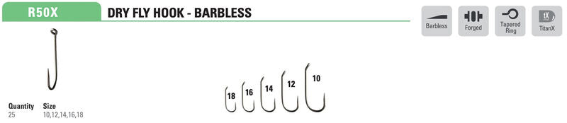 Mustad Dry Fly Hook 94845 Barbless Standard Forged Down Eye TitanX 25 Pack Hooks