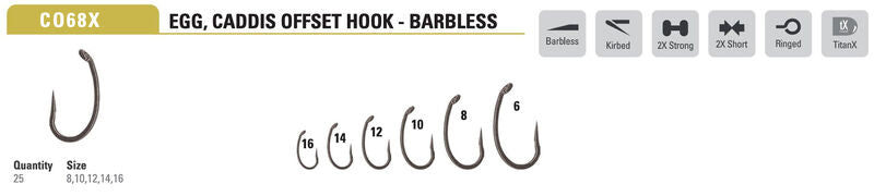 Mustad Egg/Caddis Hook Offset 2XH 2X Short Barbless Forged Down Eye TitanX 25 Pack Hooks