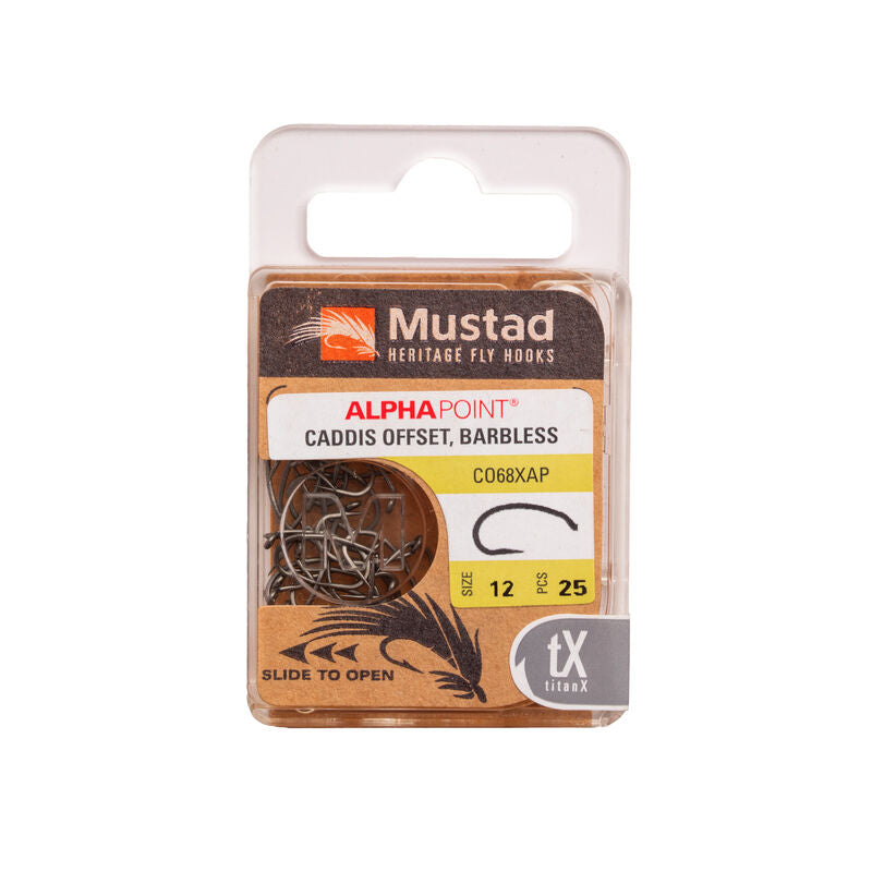 Mustad Egg/Caddis Hook Offset 2XH 2X Short Barbless Forged Down Eye TitanX 25 Pack Size 10 Hooks