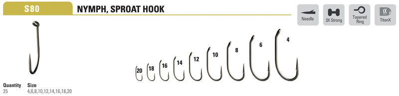 Mustad Nymph Hook 3906 Sproat Bend 3XH Down Eye TitanX 25 Pack Hooks