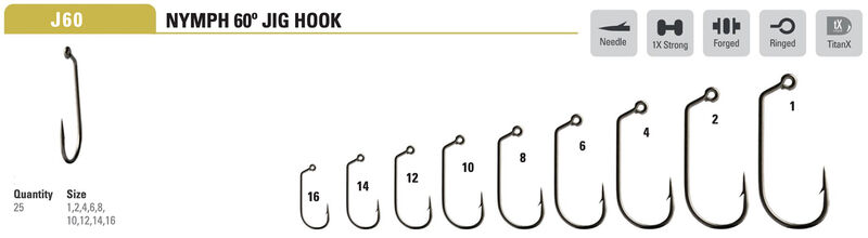 Mustad Nymph Jig Hook 1XH Forged 60 degree Eye TitanX 25 Pack Hooks