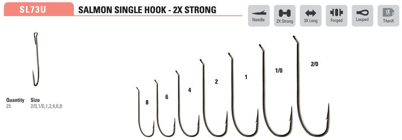 Mustad Salmon Single 36890 2XH 3XL Forged Looped Up Eye TitanX 25 Pack Hooks