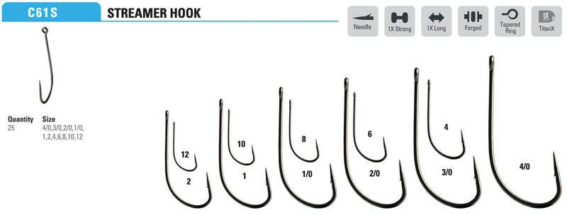 Mustad Streamer Hook 1X Strong 1X Long Forged Straight TitanX 25 Pack Hooks