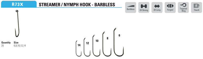 Mustad Streamer Hook 9671 2XH 3XL Barbless Forged Down Eye TitanX 25 Pack Hooks