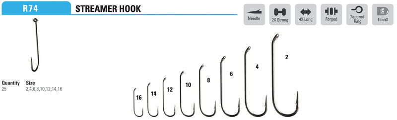 Mustad Streamer Hook 9672 2XH 4XL Forged Down Eye TitanX 25 Pack Hooks