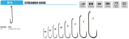 Mustad Streamer Hook 9672 2XH 4XL Forged Down Eye TitanX 25 Pack Hooks