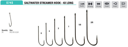 Mustad Streamer O'Shaughnessy 34011 2XH/4XL Forged Straight TitanX 25 Pack Hooks