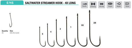 Mustad Streamer O'Shaughnessy 34011 2XH/4XL Forged Straight TitanX 25 Pack Hooks