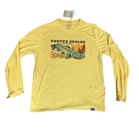 Patagonia Men's Cap Cool Daily Shirt -Logo Beeswax Tan- Pufferfish Gold X-Dye / M / LS Clothing