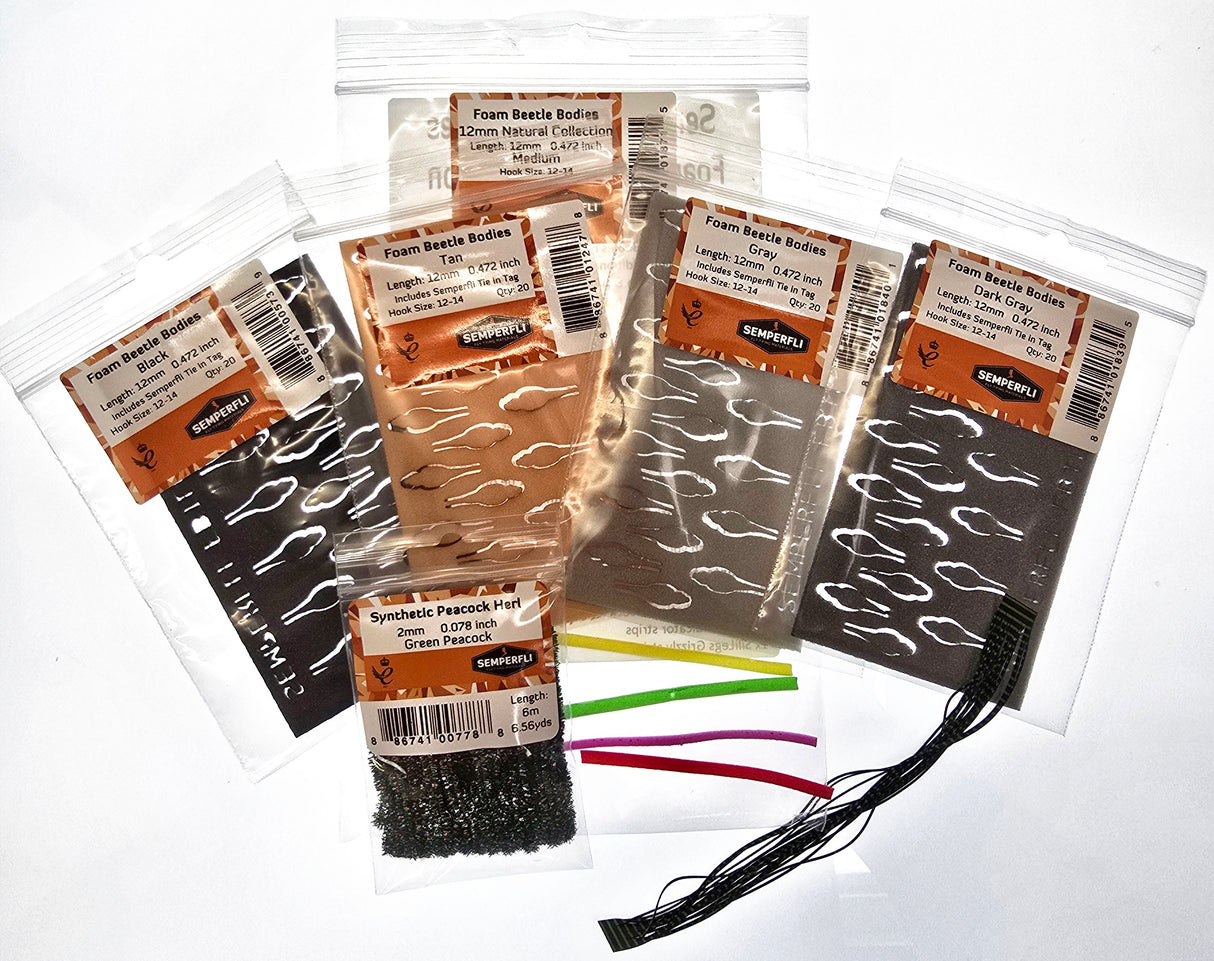 Semperfli Realistic Natural Beetles Collection 12mm (Hook Size 12-14) Foam Fly Tying Sheets, Bodies, Tools
