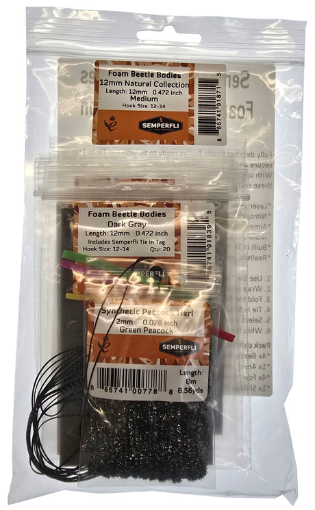 Semperfli Realistic Natural Beetles Collection 12mm (Hook Size 12-14) Foam Fly Tying Sheets, Bodies, Tools