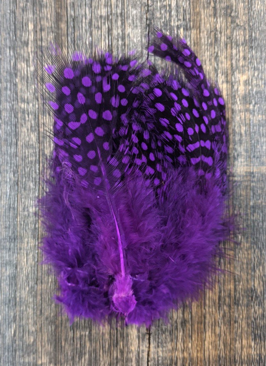 Fish Hunter Jumbo Guinea FL. Dark Lilac (UV) Saddle Hackle, Hen Hackle, Asst. Feathers