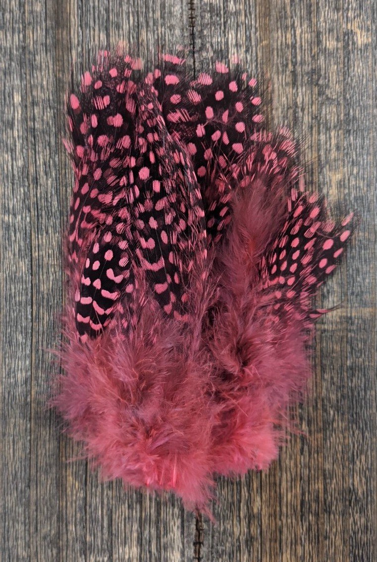 Fish Hunter Jumbo Guinea FL. Shrimp Pink (UV) Saddle Hackle, Hen Hackle, Asst. Feathers