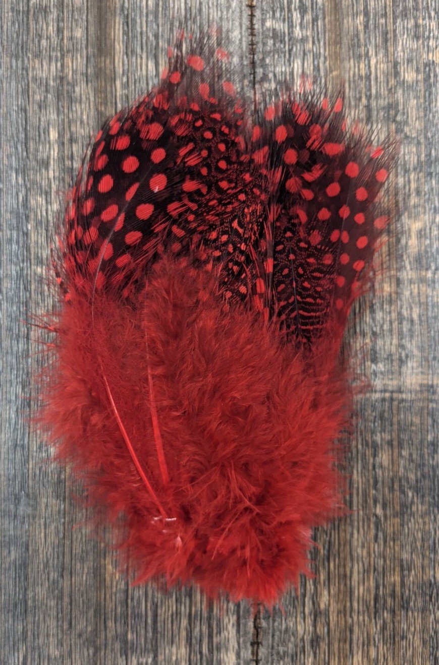 Fish Hunter Jumbo Guinea Hot Red Saddle Hackle, Hen Hackle, Asst. Feathers