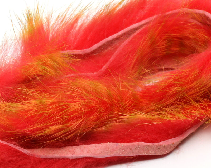 Hareline Barred Polychrome Rabbit Strips Bright Red/Yellow Barred Olive Hair, Fur