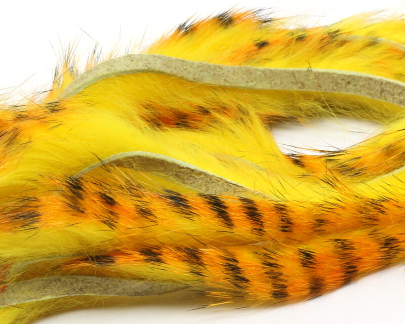 Hareline Barred Polychrome Rabbit Strips Yellow/Golden Orange Barred Black Hair, Fur