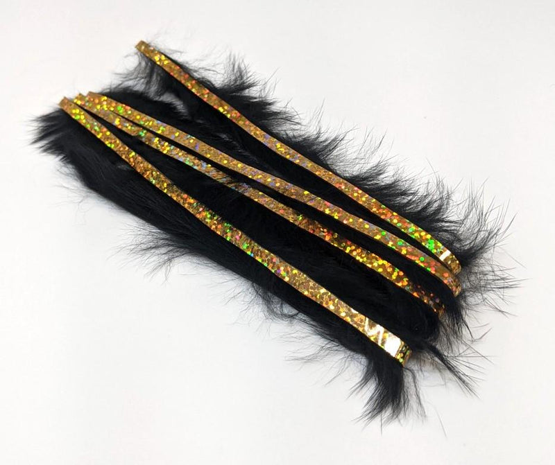 Hareline Bling Rabbit Strips Black with Holo Gold Accent 