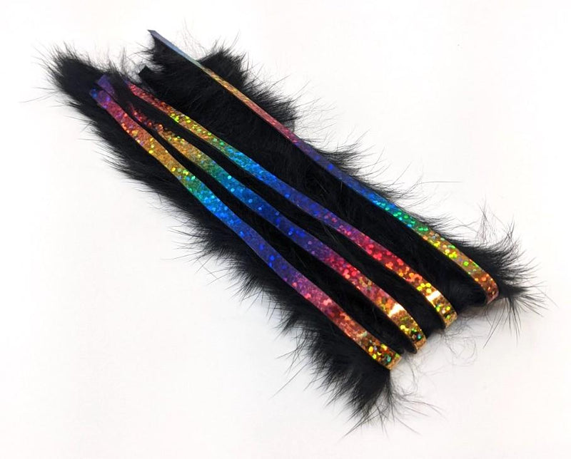 Hareline Bling Rabbit Strips Black with Holo Rainbow Accent 