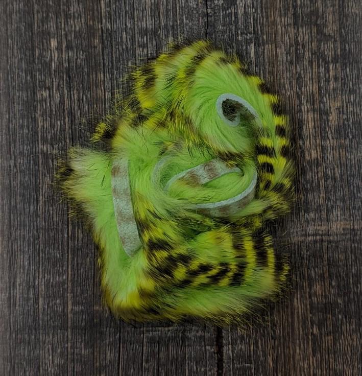 Hareline Dubbin Magnum Tiger Barred Rabbit Strips Black Barred Chartreuse #18 Tipped Green Chartreuse Hair, Fur