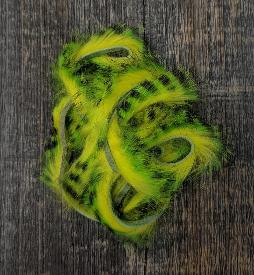 Hareline Dubbin Micro Pulsator Rabbit Strips #5 Black Barred Chartreuse Over FL. Yellow Hair, Fur