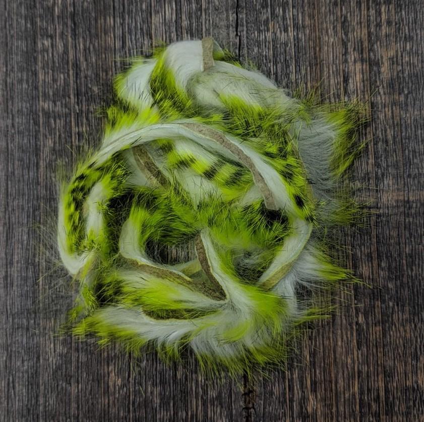 Hareline Dubbin Micro Pulsator Rabbit Strips Black Barred Chartreuse Over White Hair, Fur