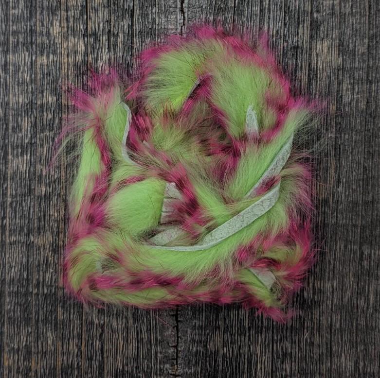 Hareline Dubbin Tiger Barred Rabbit Strips 1/8" Hot Pink Brown Over Chartreuse Hair, Fur