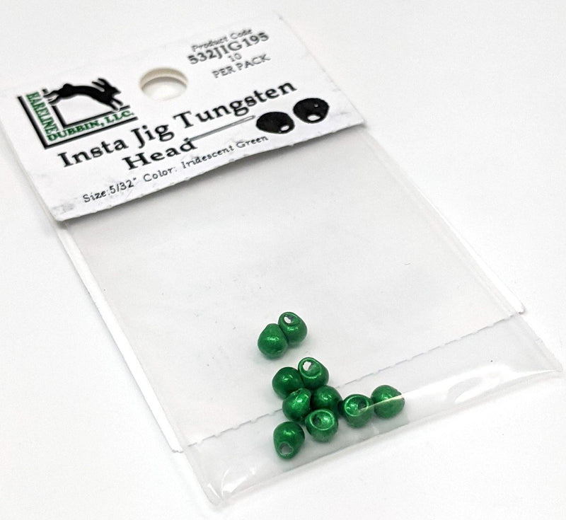 Hareline Insta Jig Tungsten Head 10 Pack Iridescent Green / 5/32" 3.8m Beads, Eyes, Coneheads