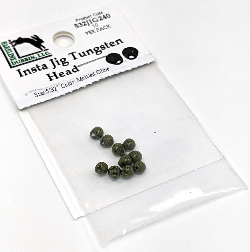 Hareline Insta Jig Tungsten Head 10 Pack Mottled Olive / 1/8" 3.3mm Beads, Eyes, Coneheads